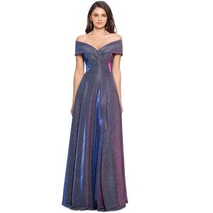 XSCAPE: Off The Shoulder Long Glitter Knit Dress in Gunmetal (NWT)